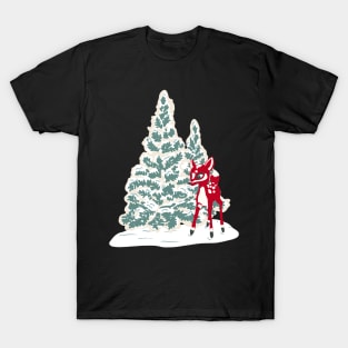 Vintage Christmas Tree Cookie with Red Baby Deer Ornament in Snow T-Shirt